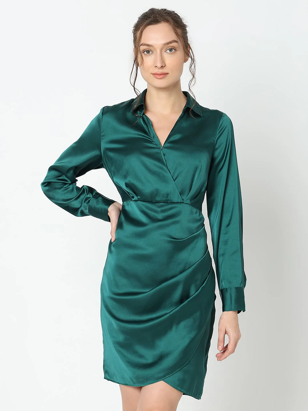 Teal Satin Shirt Dress - Image 3