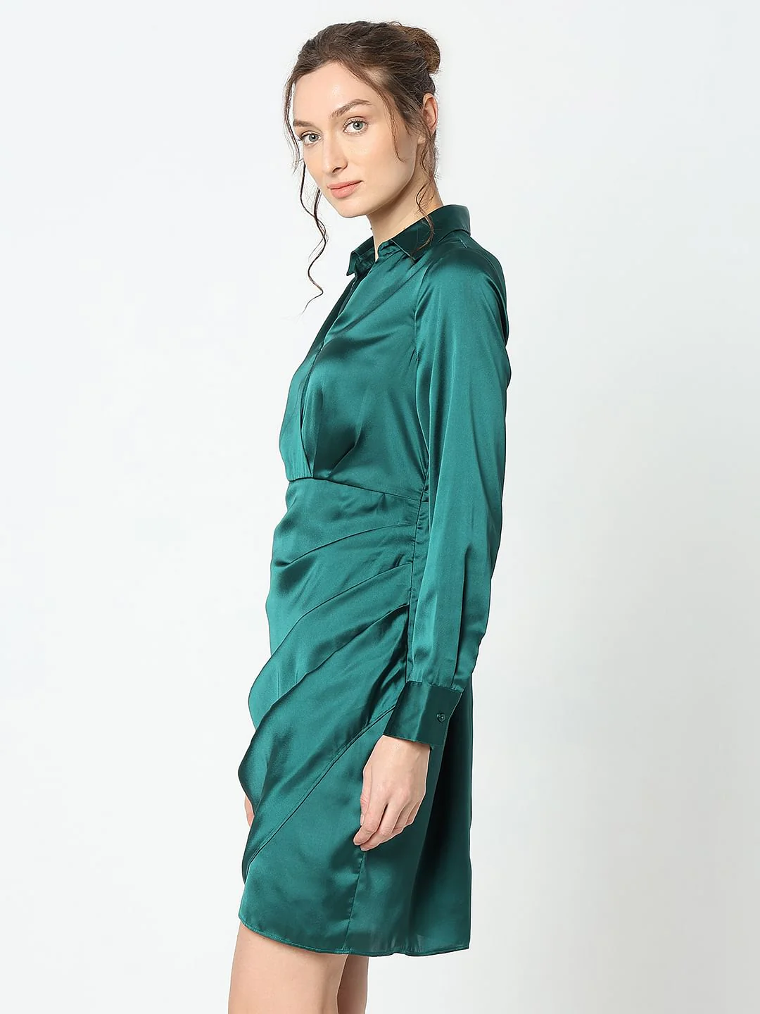 Teal Satin Shirt Dress - Image 4