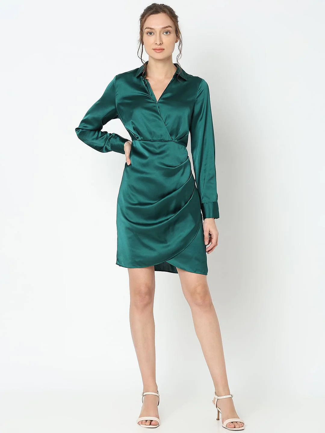 Teal Satin Shirt Dress - Image 7