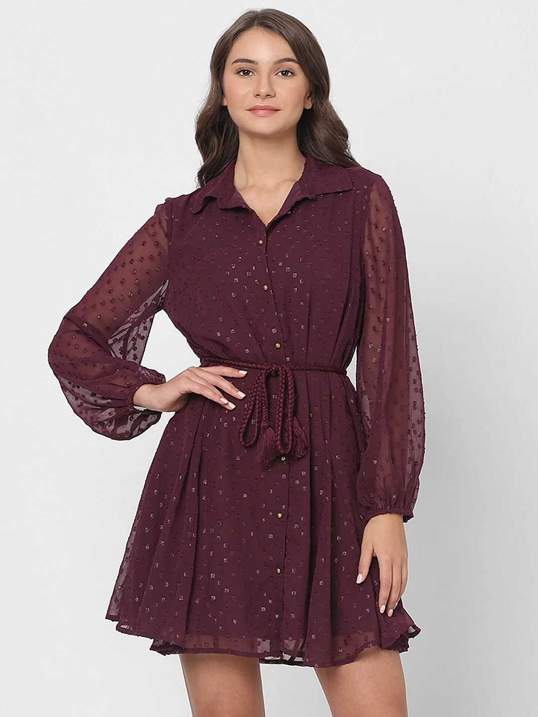 Maroon Shimmer Short Shirt Dress - Image 2