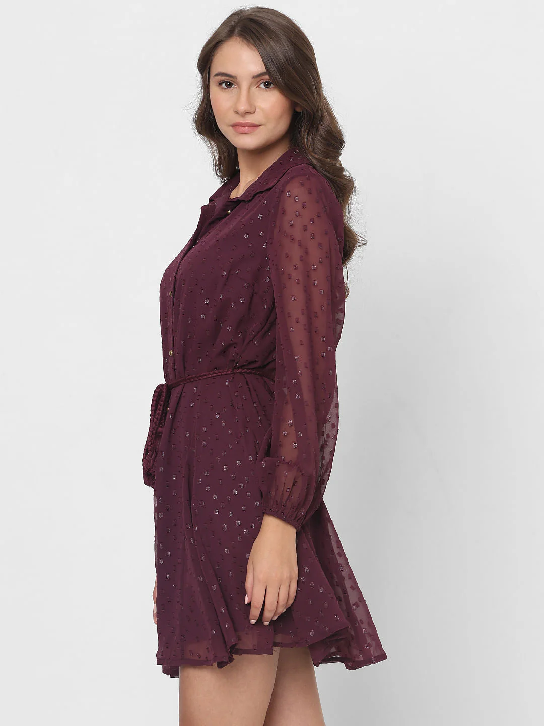 Maroon Shimmer Short Shirt Dress - Image 3