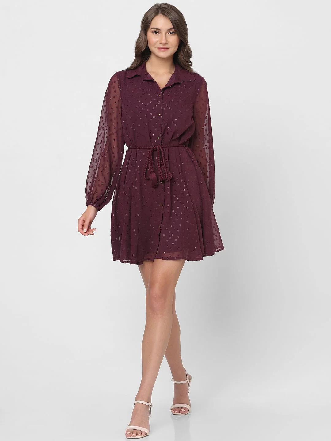 Maroon Shimmer Short Shirt Dress - Image 5