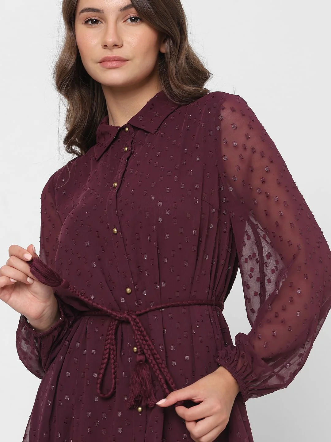 Maroon Shimmer Short Shirt Dress - Image 8