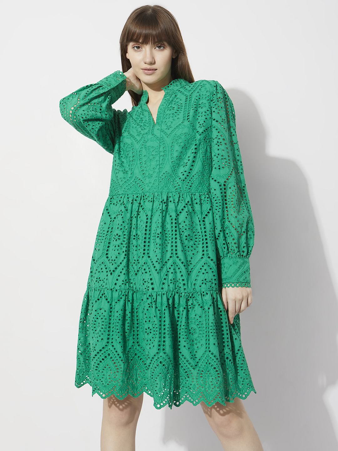 Green Schiffli Cut-Out Shift Dress - Image 2