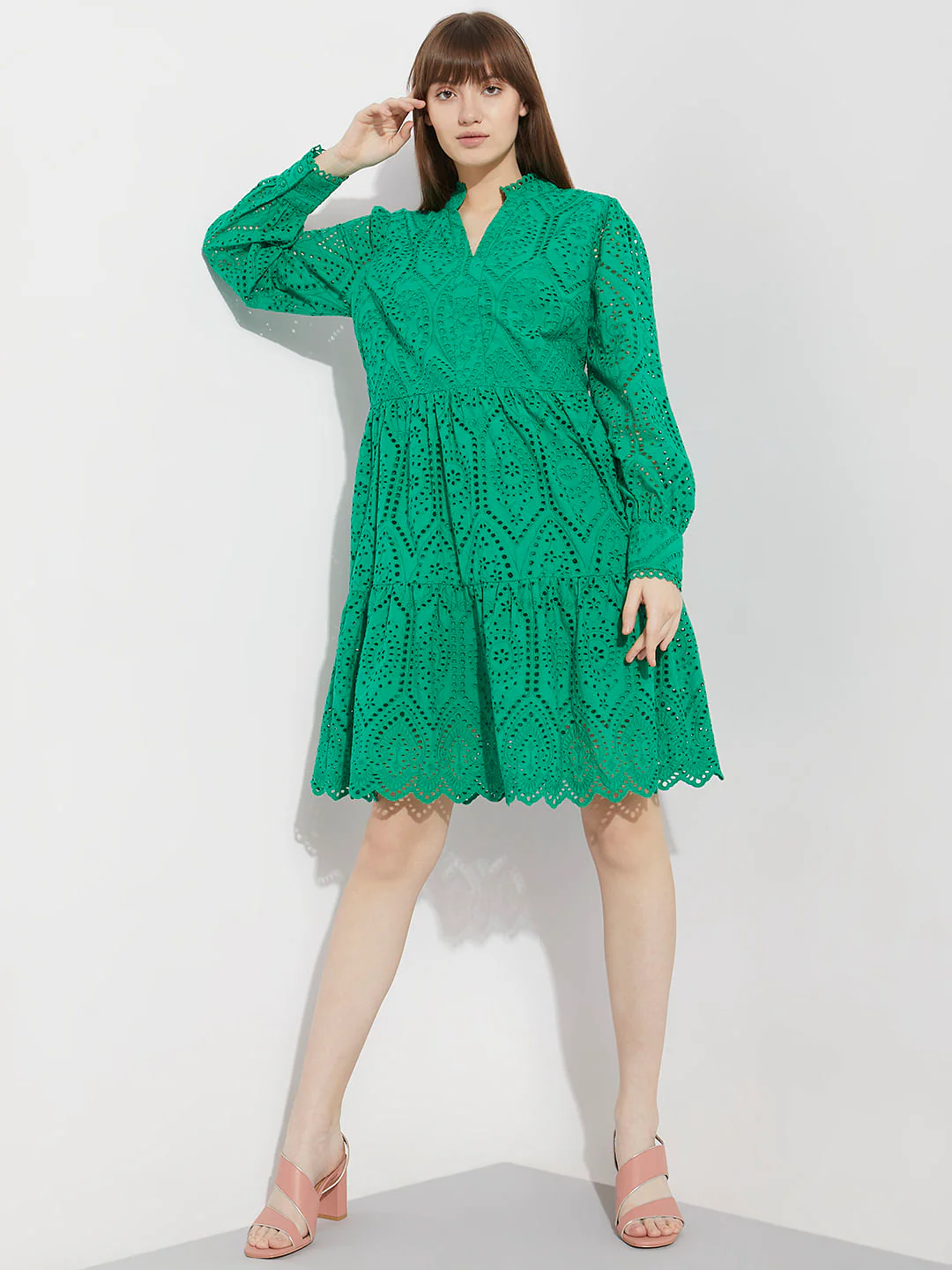 Green Schiffli Cut-Out Shift Dress - Image 5