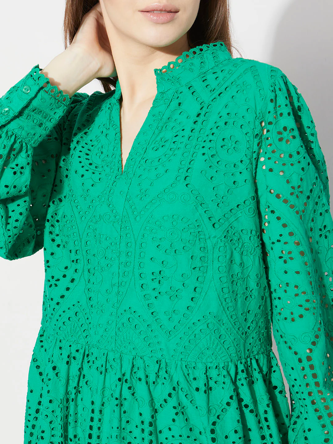 Green Schiffli Cut-Out Shift Dress - Image 6