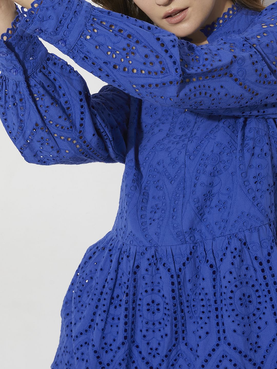 Blue Schiffli Cut-Out Shift Dress - Image 6