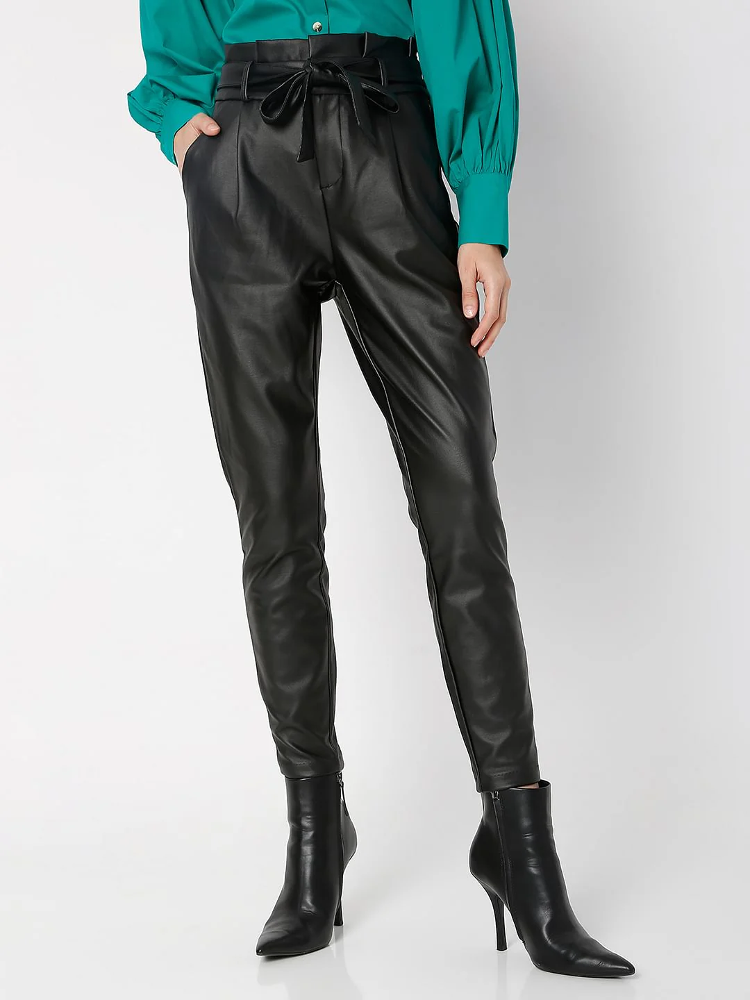 Black Mid Rise Paperbag Pants - Image 2