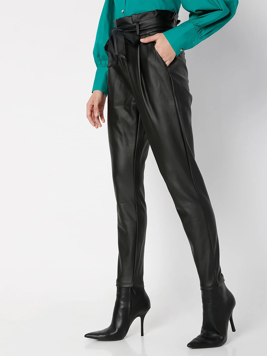 Black Mid Rise Paperbag Pants - Image 3