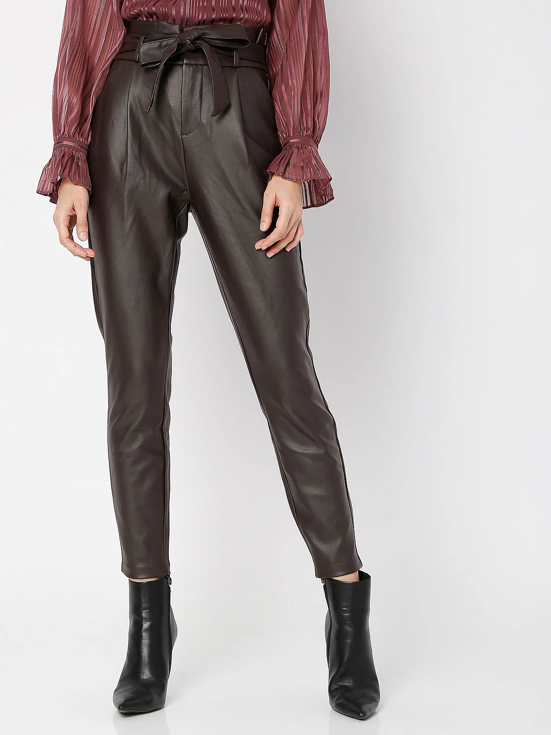 Brown High Rise Paperbag Pu Pants - Image 2