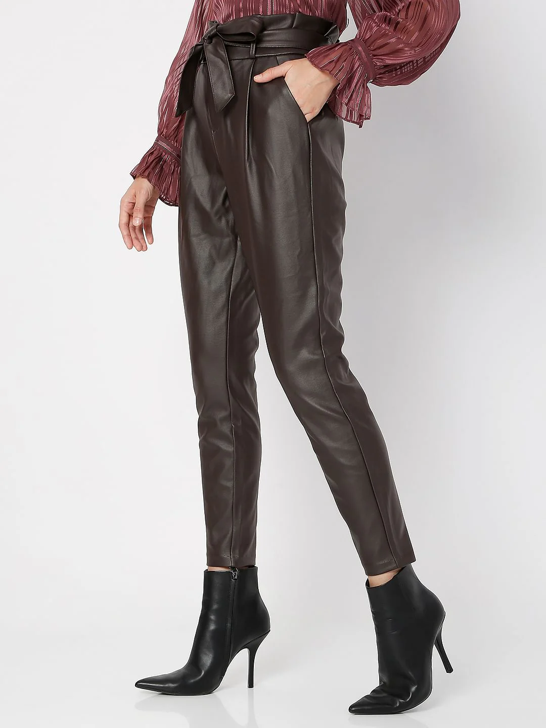 Brown High Rise Paperbag Pu Pants - Image 3