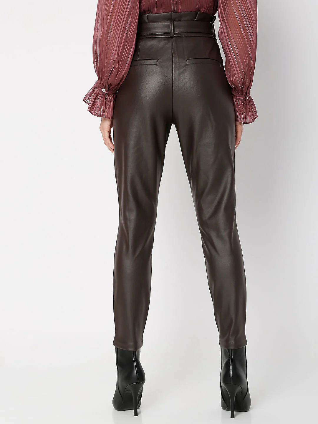 Brown High Rise Paperbag Pu Pants - Image 4