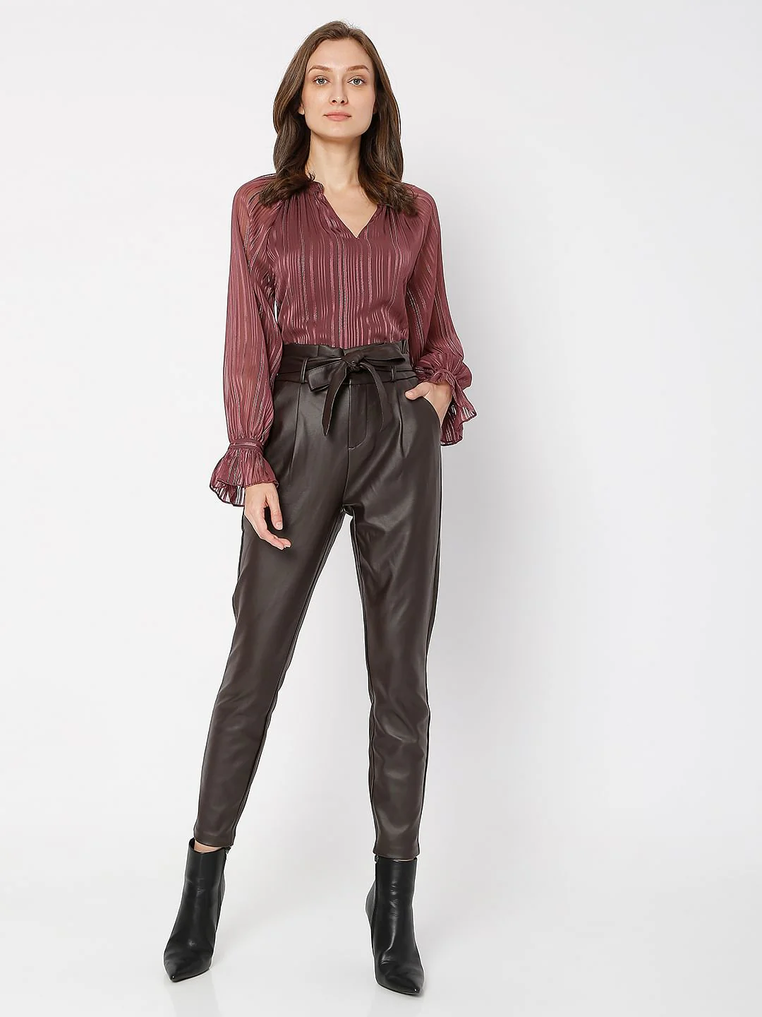 Brown High Rise Paperbag Pu Pants - Image 5