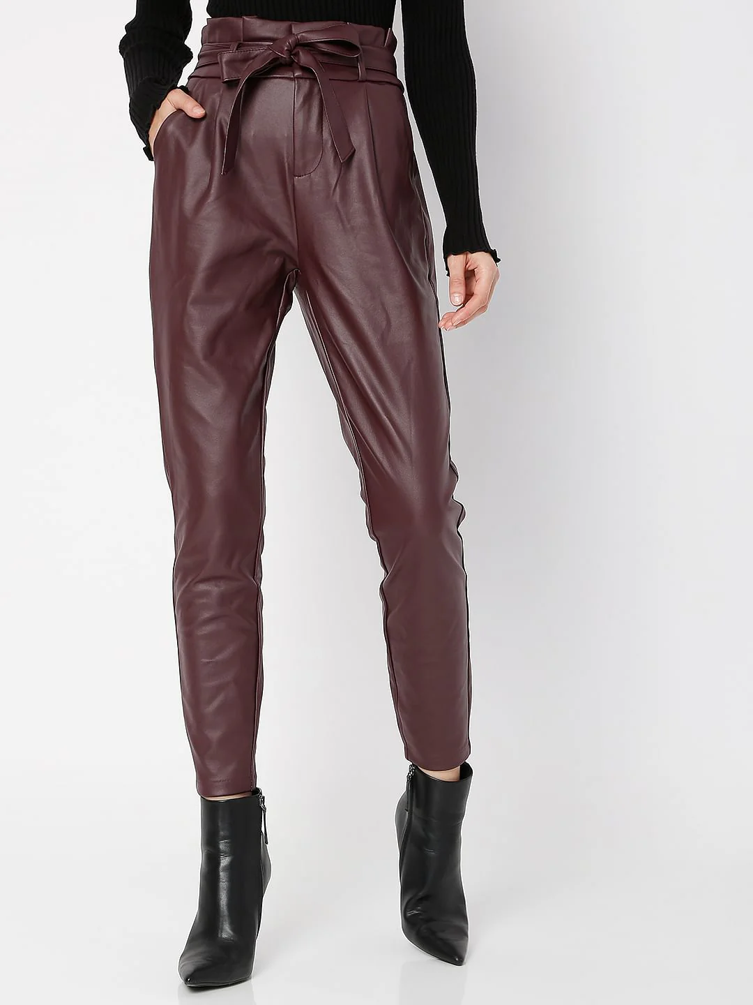 Burgundy Mid Rise Paperbag Pants - Image 2