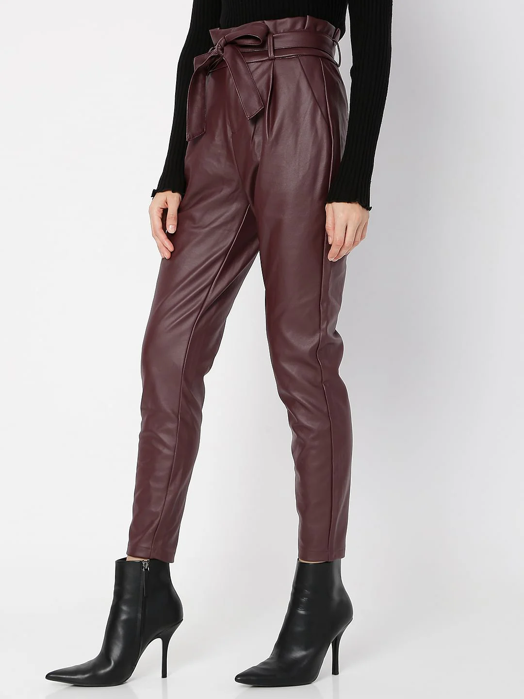 Burgundy Mid Rise Paperbag Pants - Image 3
