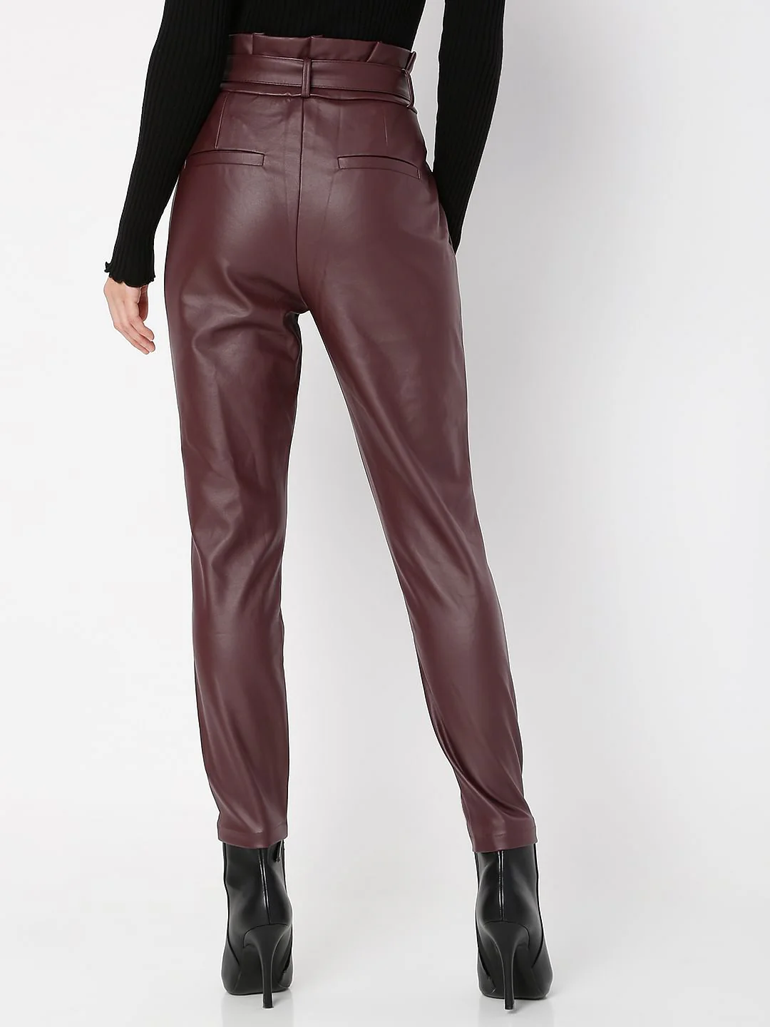 Burgundy Mid Rise Paperbag Pants - Image 4