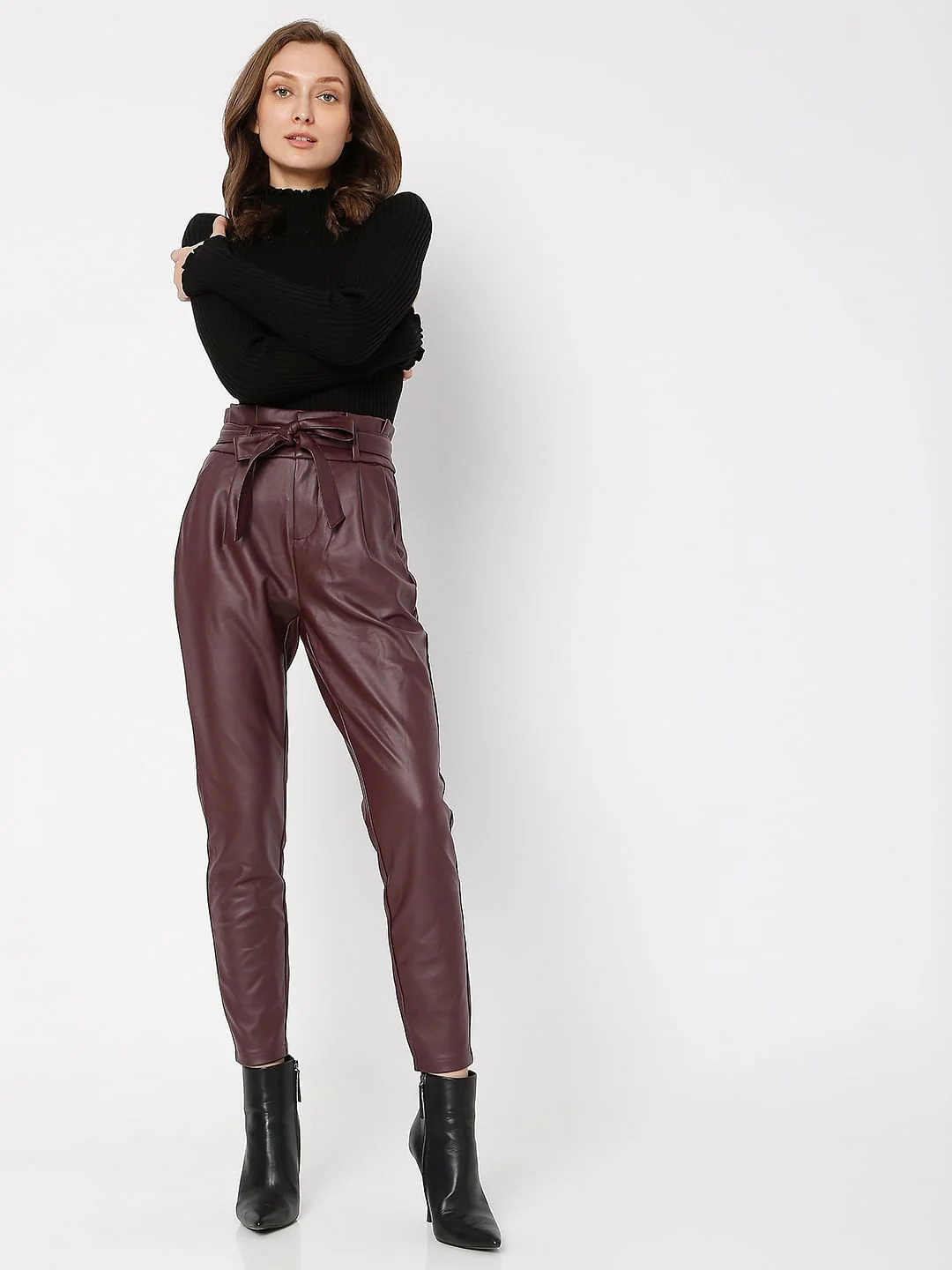 Burgundy Mid Rise Paperbag Pants - Image 6