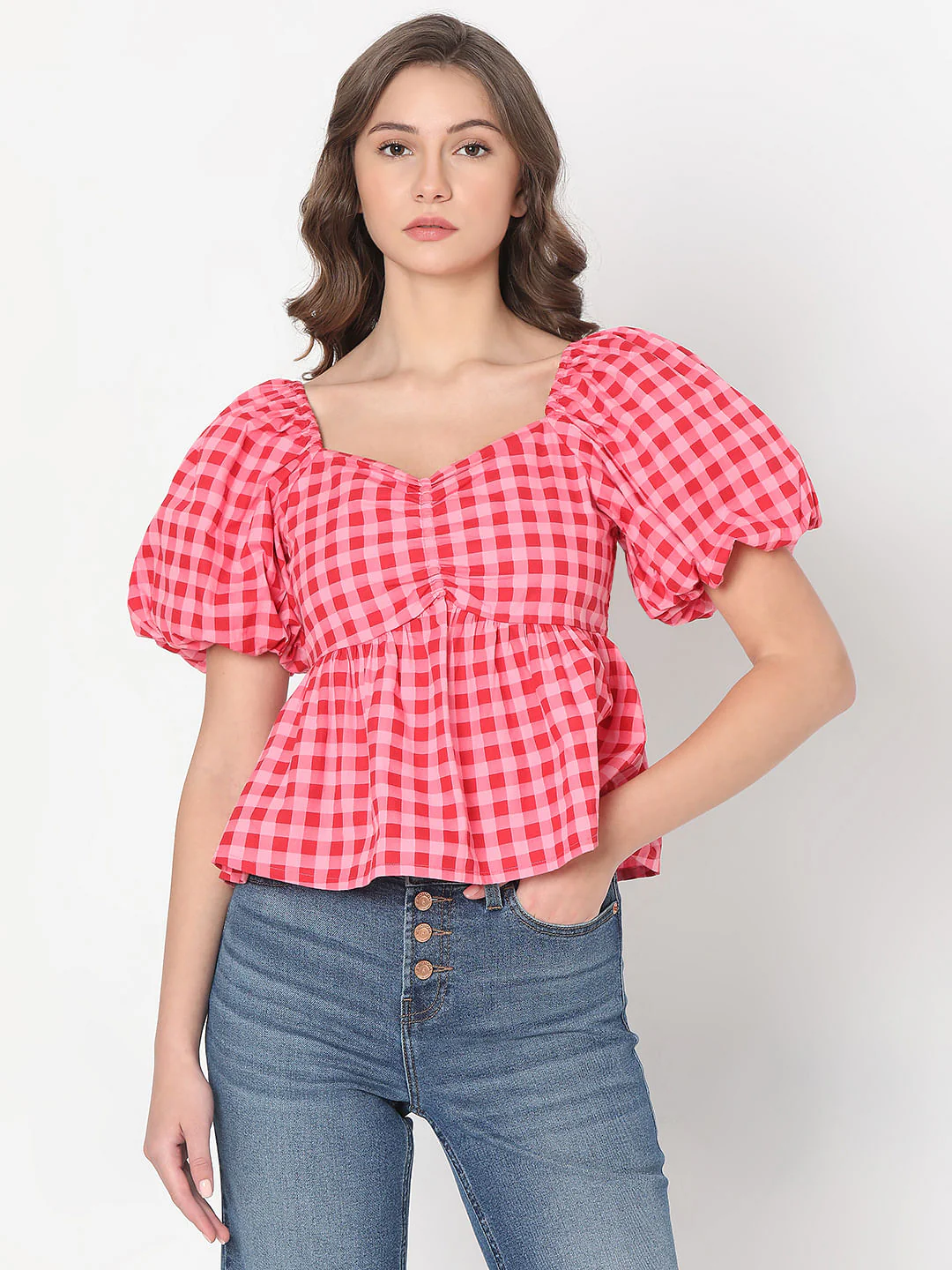 Pink Check Peplum Top - Image 2