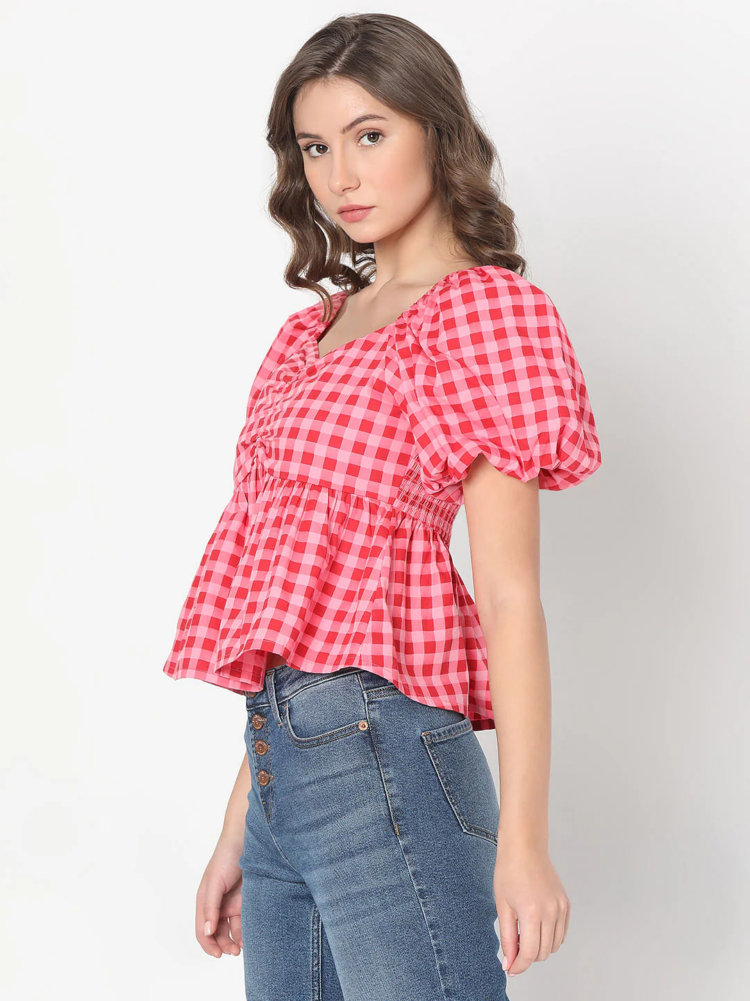 Pink Check Peplum Top - Image 3