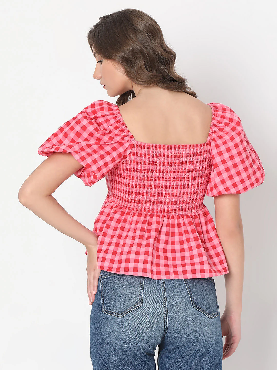 Pink Check Peplum Top - Image 4