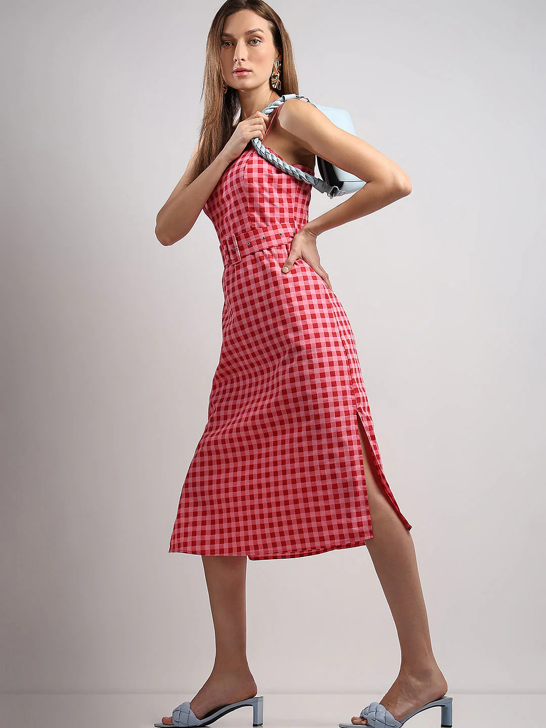 Red & Pink Check Midi Dress