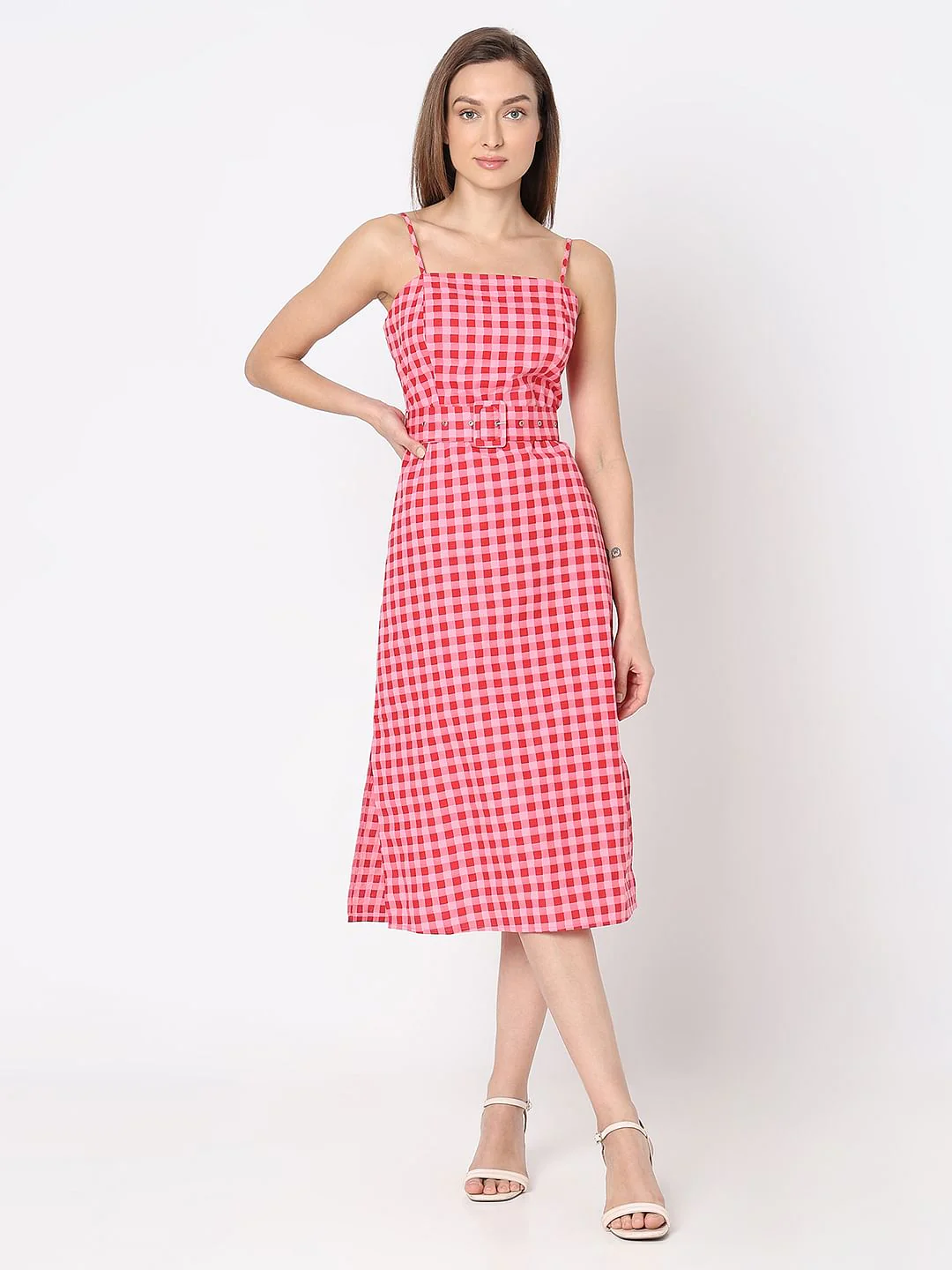 Red & Pink Check Midi Dress - Image 2