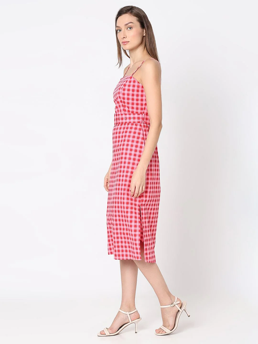 Red & Pink Check Midi Dress - Image 3