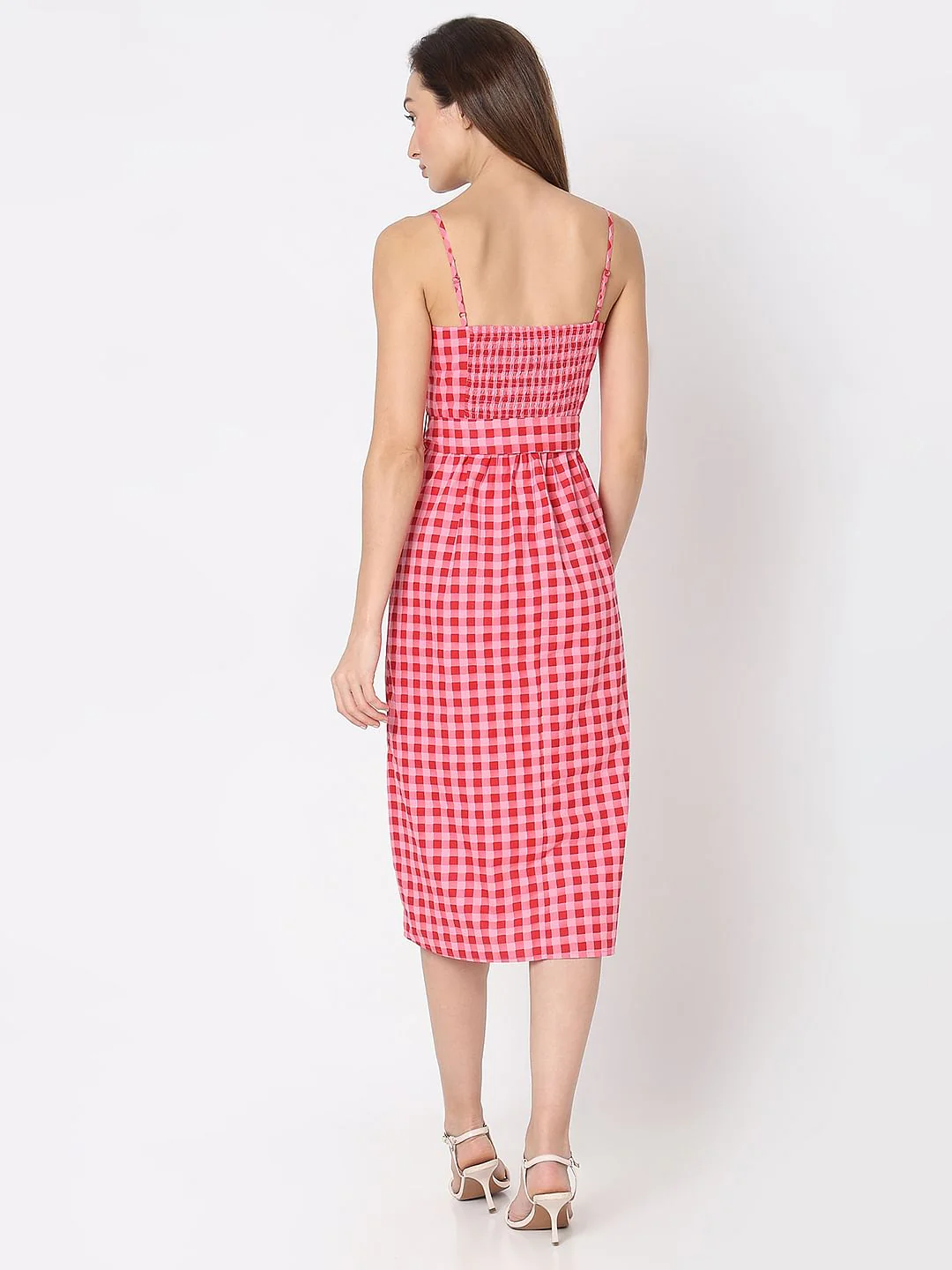 Red & Pink Check Midi Dress - Image 4