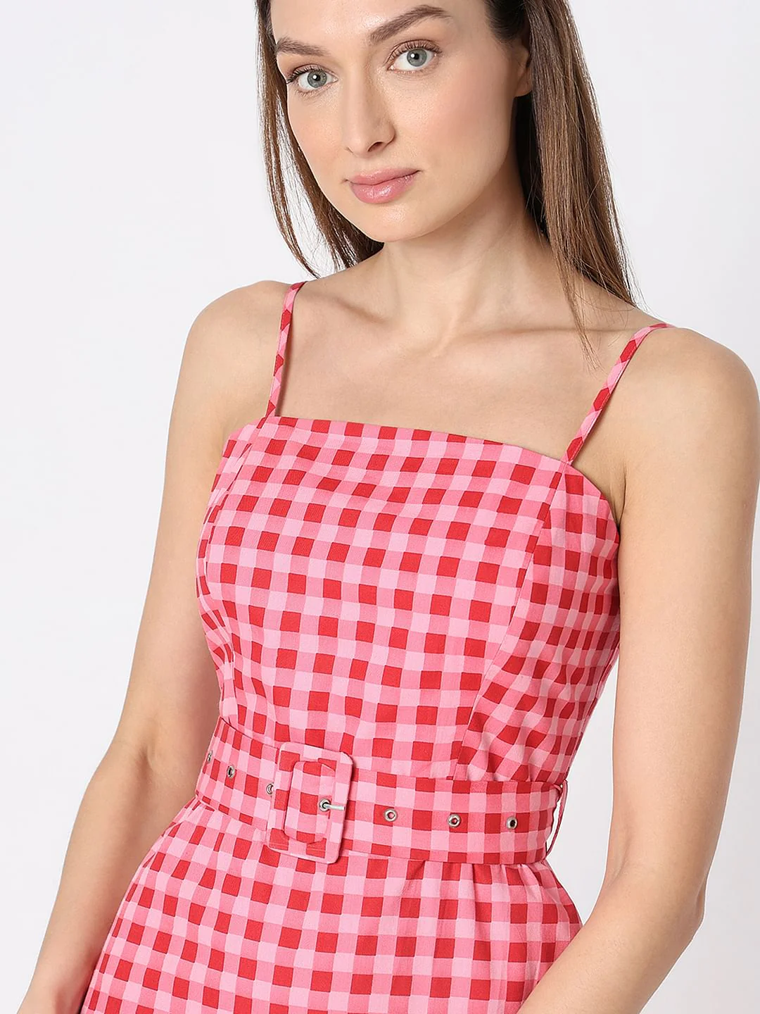 Red & Pink Check Midi Dress - Image 5