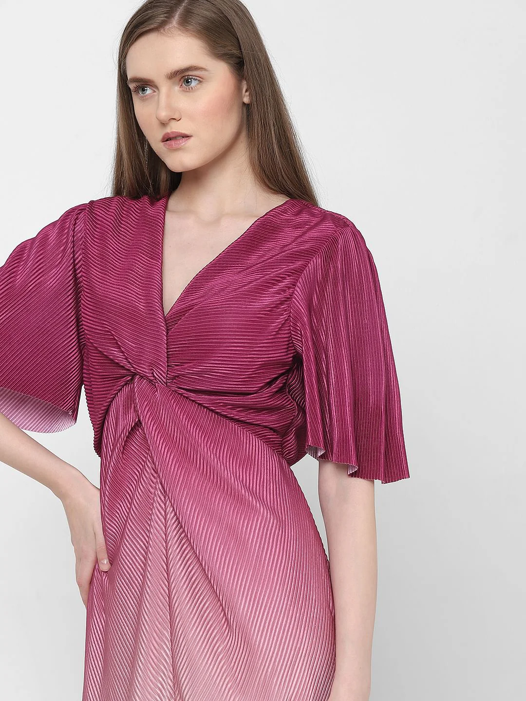Pink Ombre Pleated Midi Dress - Image 7