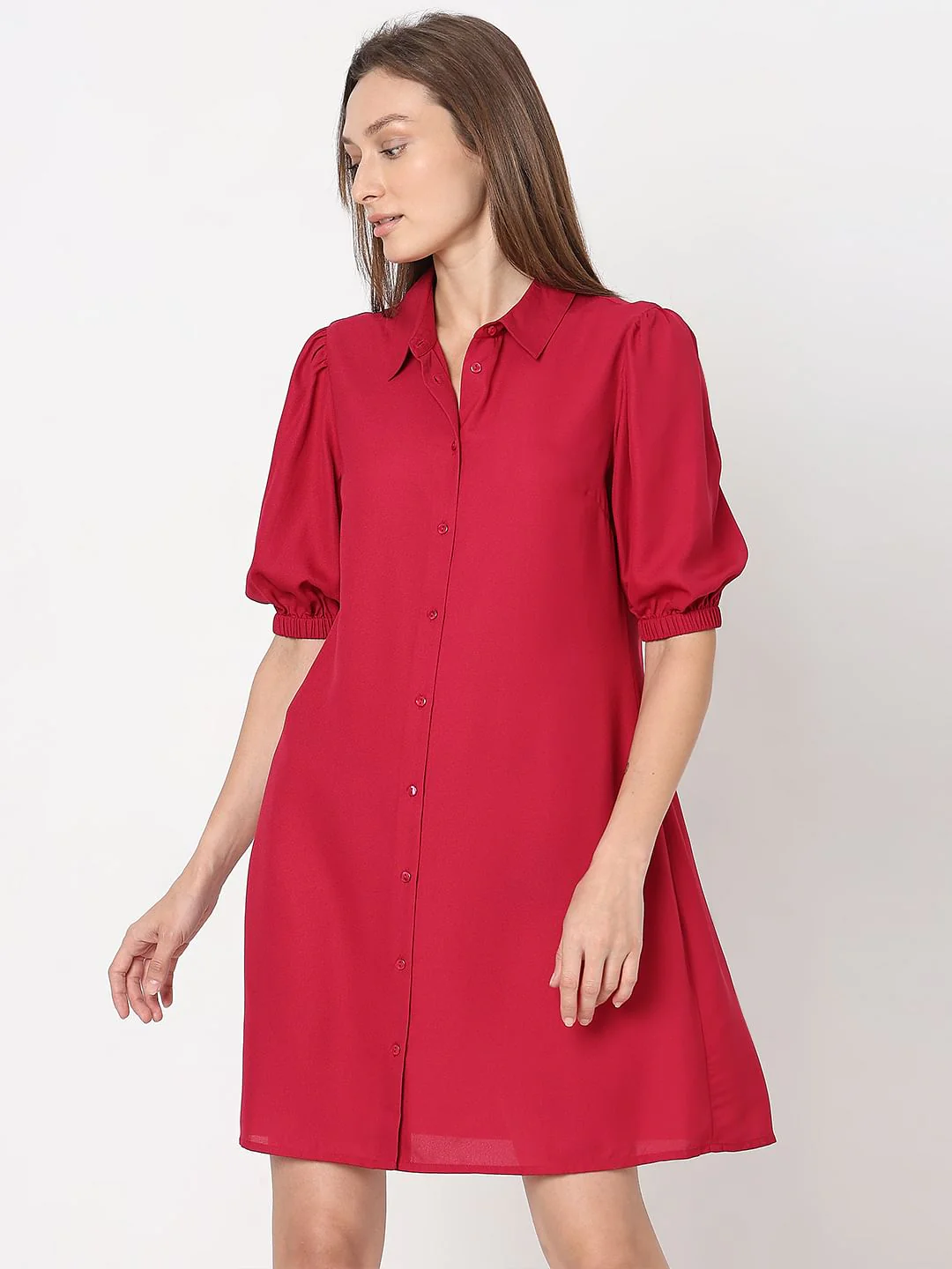 Red Puff Sleeves Shirt Dress - Image 2