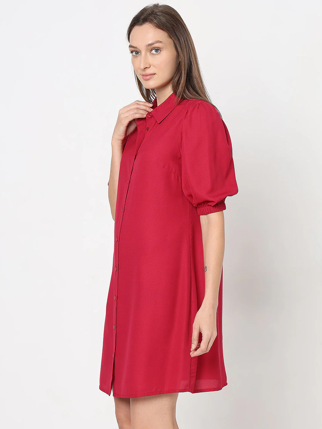 Red Puff Sleeves Shirt Dress - Image 3