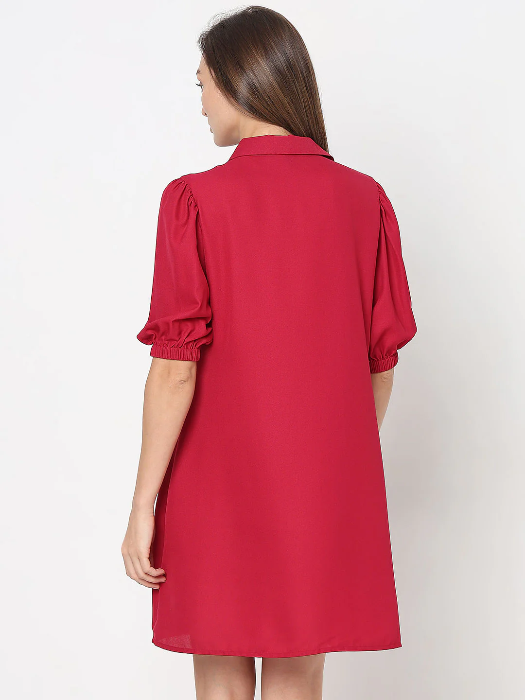 Red Puff Sleeves Shirt Dress - Image 4