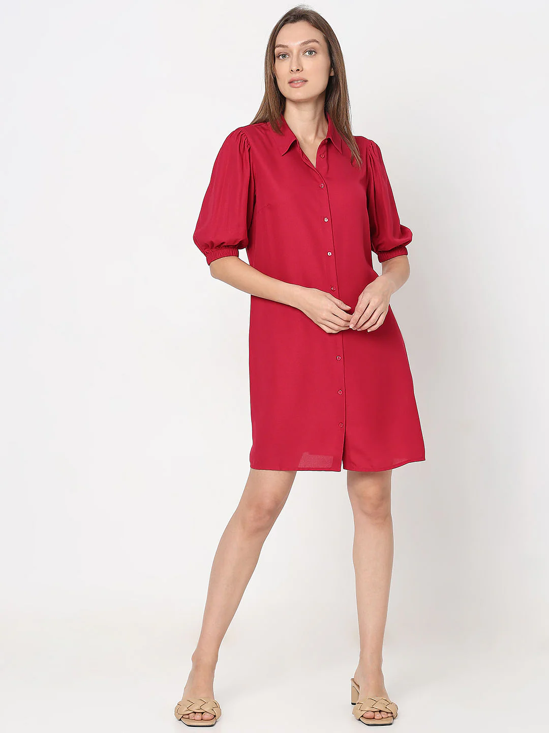 Red Puff Sleeves Shirt Dress - Image 5