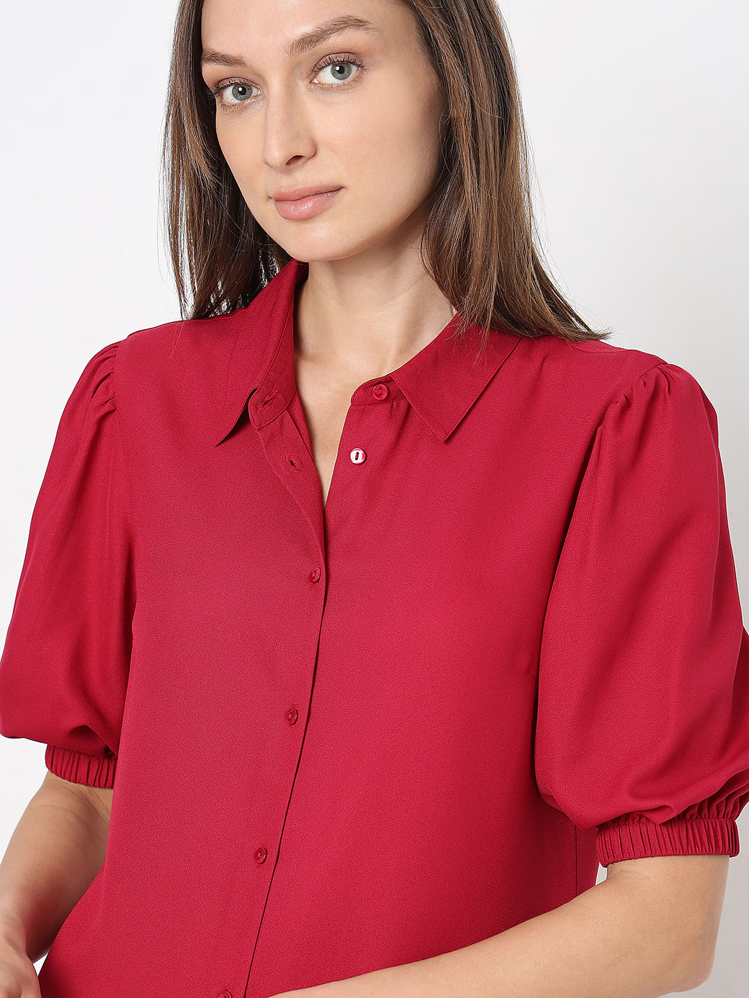 Red Puff Sleeves Shirt Dress - Image 6