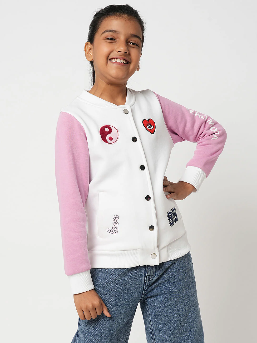 Girl White Colourblocked Bomber Jacket - Image 2