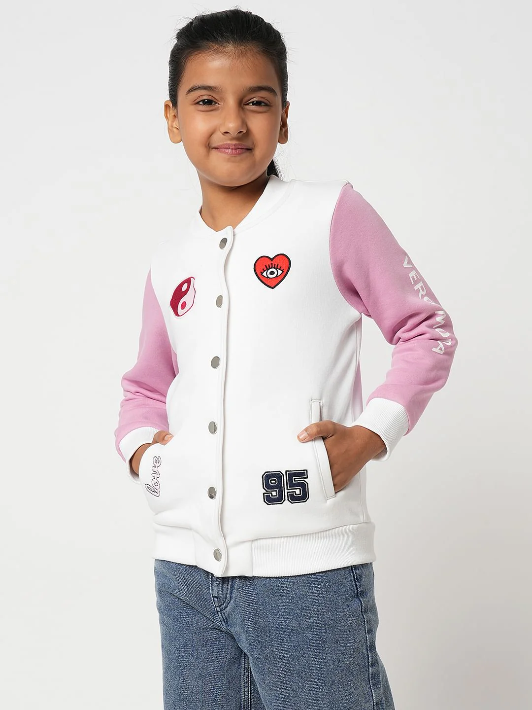 Girl White Colourblocked Bomber Jacket - Image 3