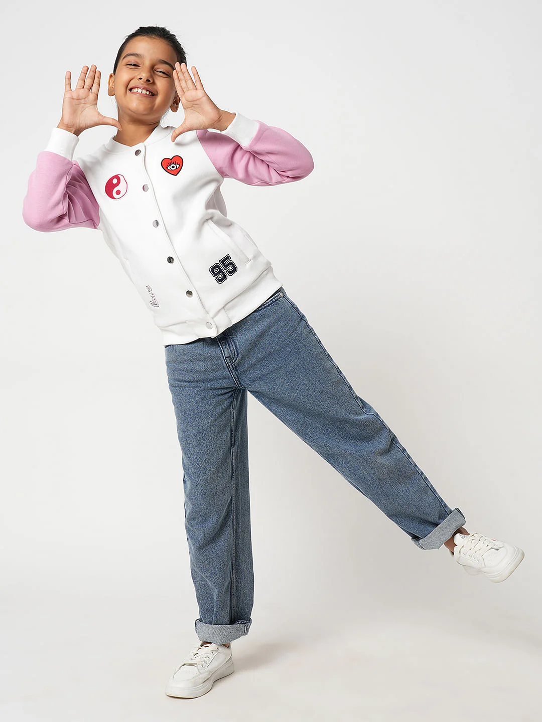 Girl White Colourblocked Bomber Jacket - Image 4