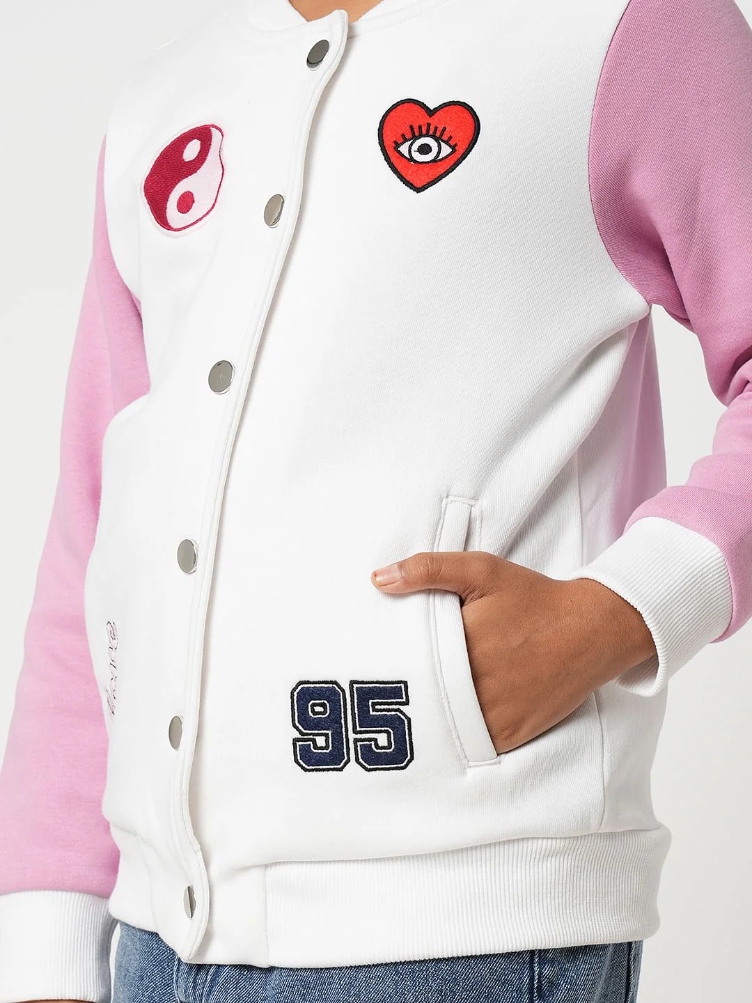 Girl White Colourblocked Bomber Jacket - Image 5