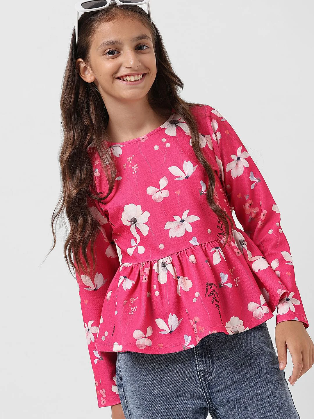 Girl Pink Floral Print Peplum Top