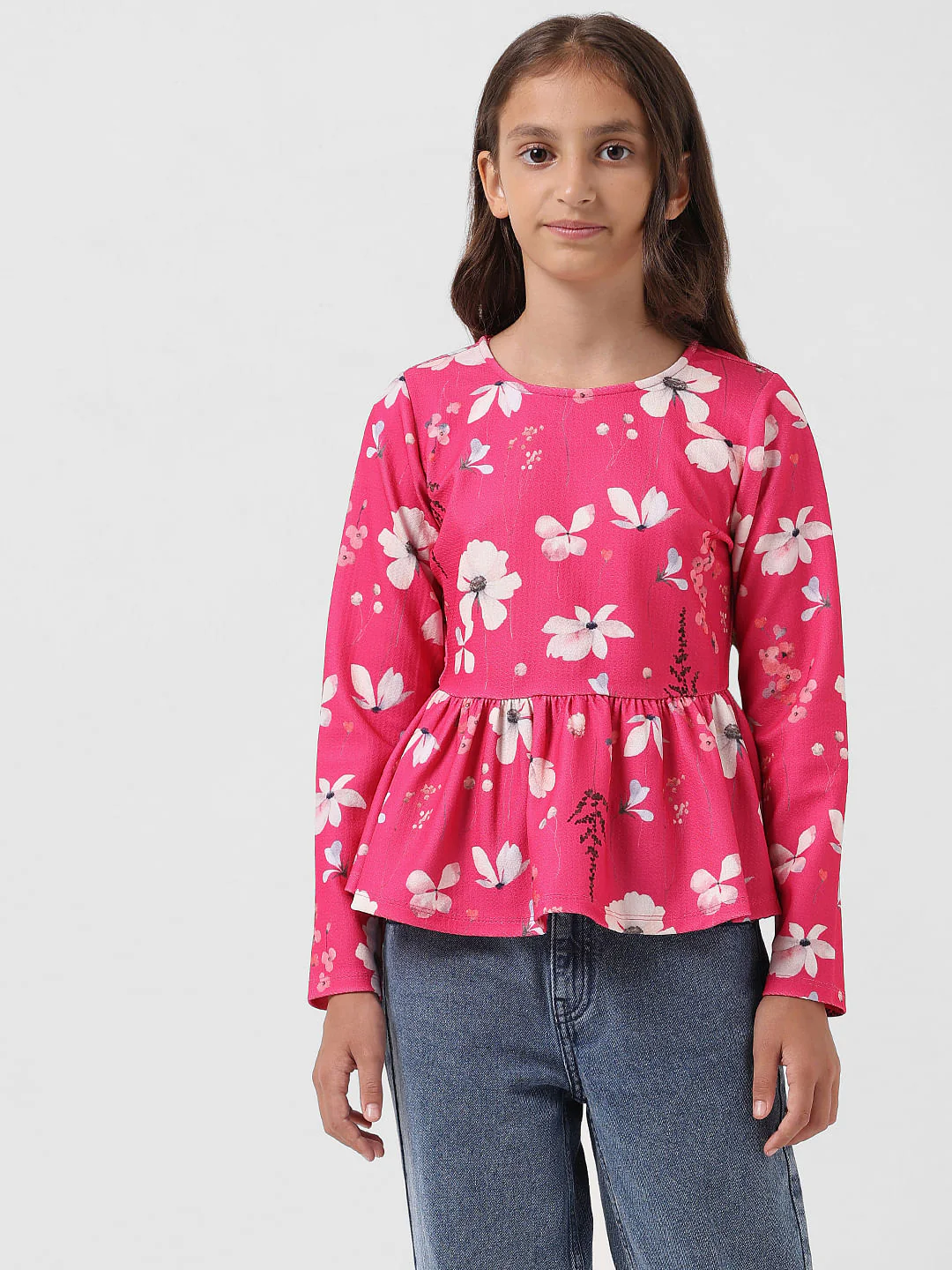 Girl Pink Floral Print Peplum Top - Image 2