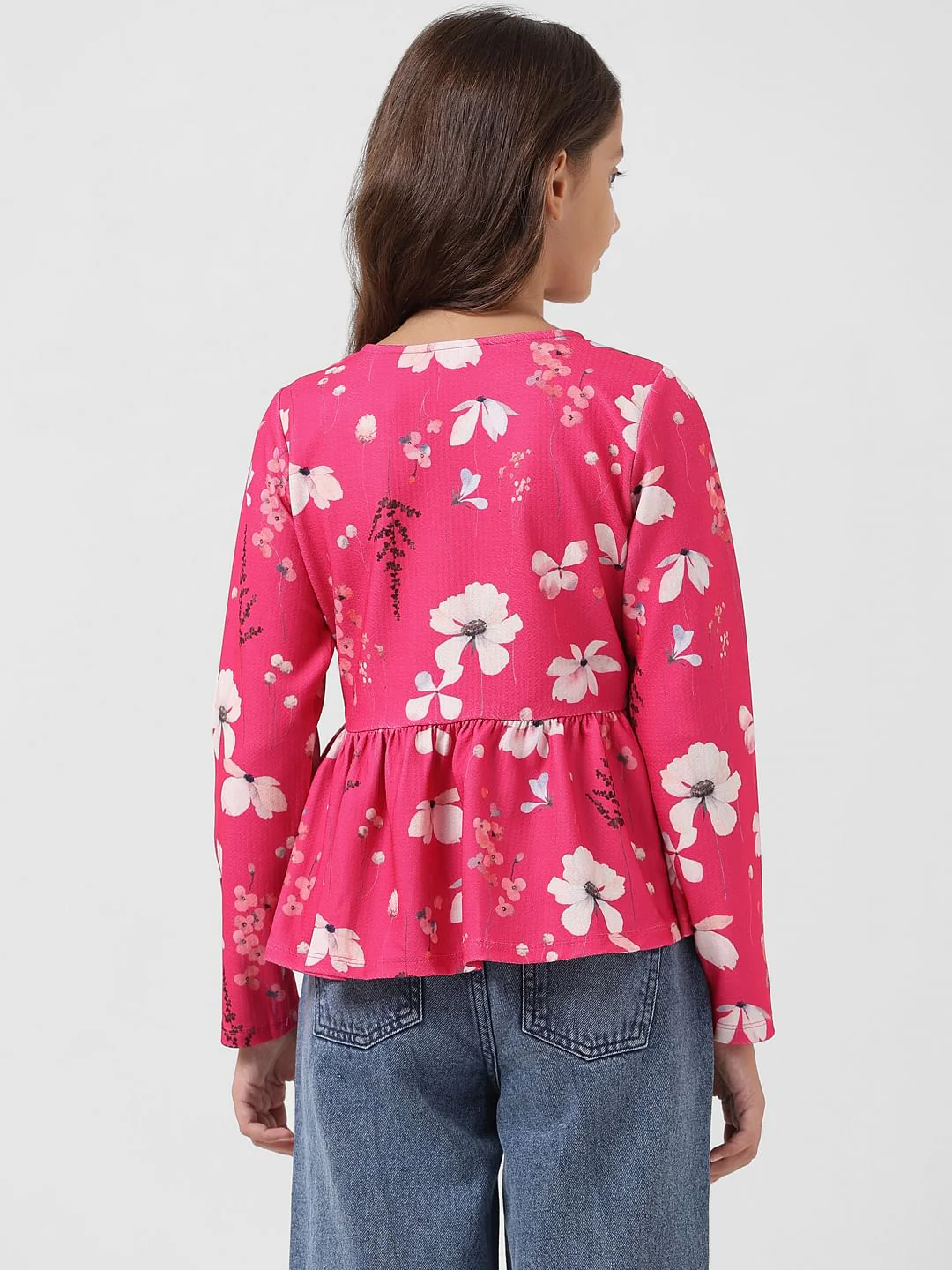 Girl Pink Floral Print Peplum Top - Image 3