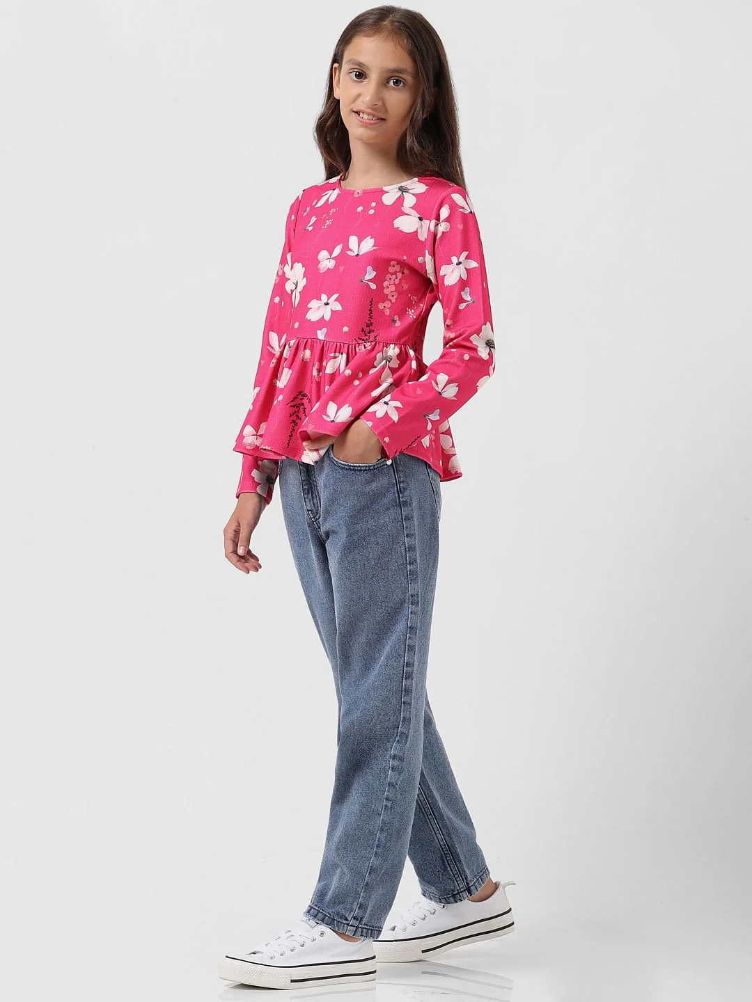 Girl Pink Floral Print Peplum Top - Image 5