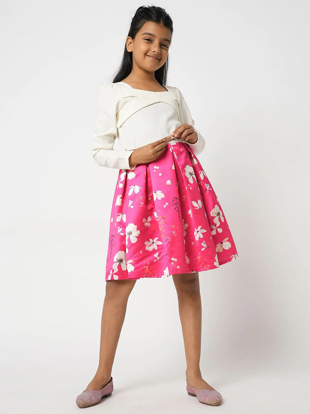 Girl Pink Colourblocked Fit & Flare Dress - Image 2