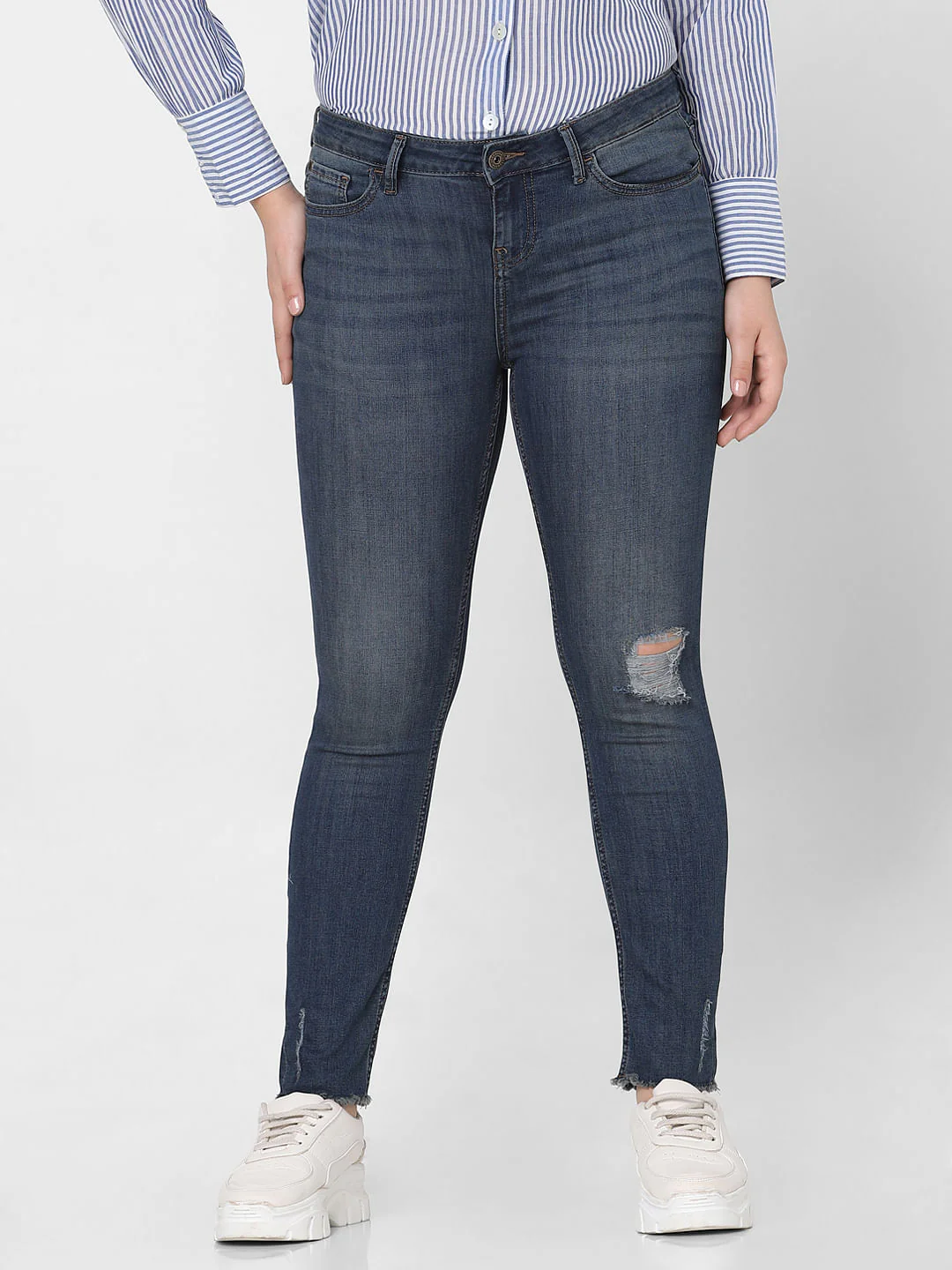 Curve Dark Blue Mid Rise Distressed Skinny Jeans - Image 2