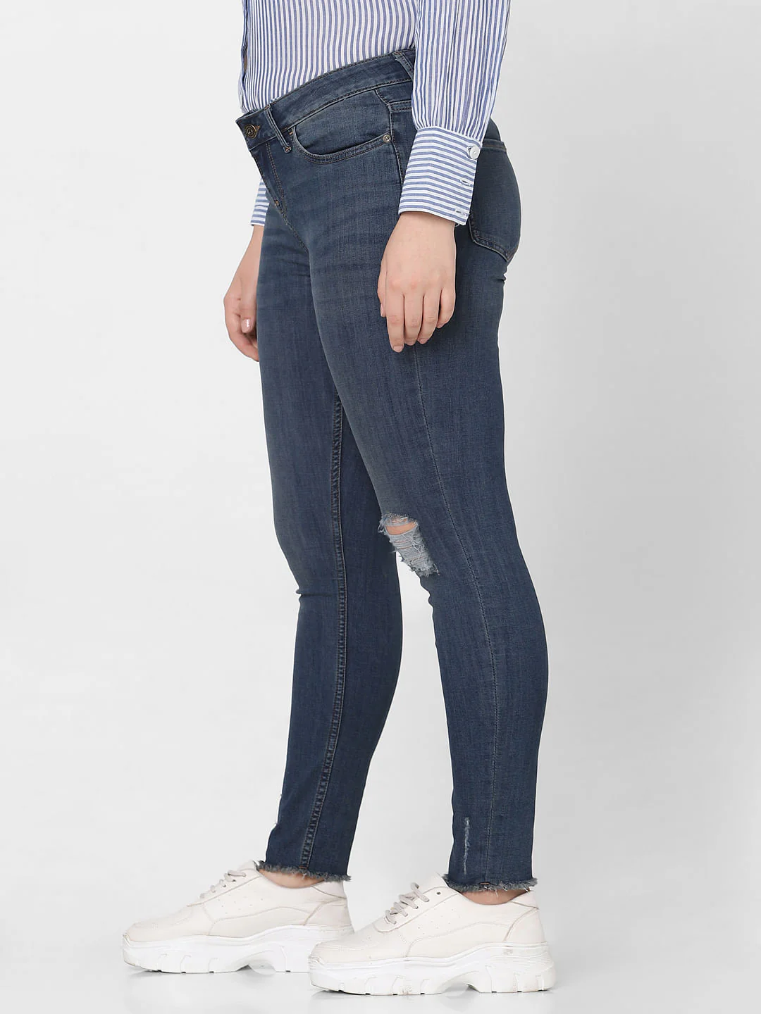 Curve Dark Blue Mid Rise Distressed Skinny Jeans - Image 3