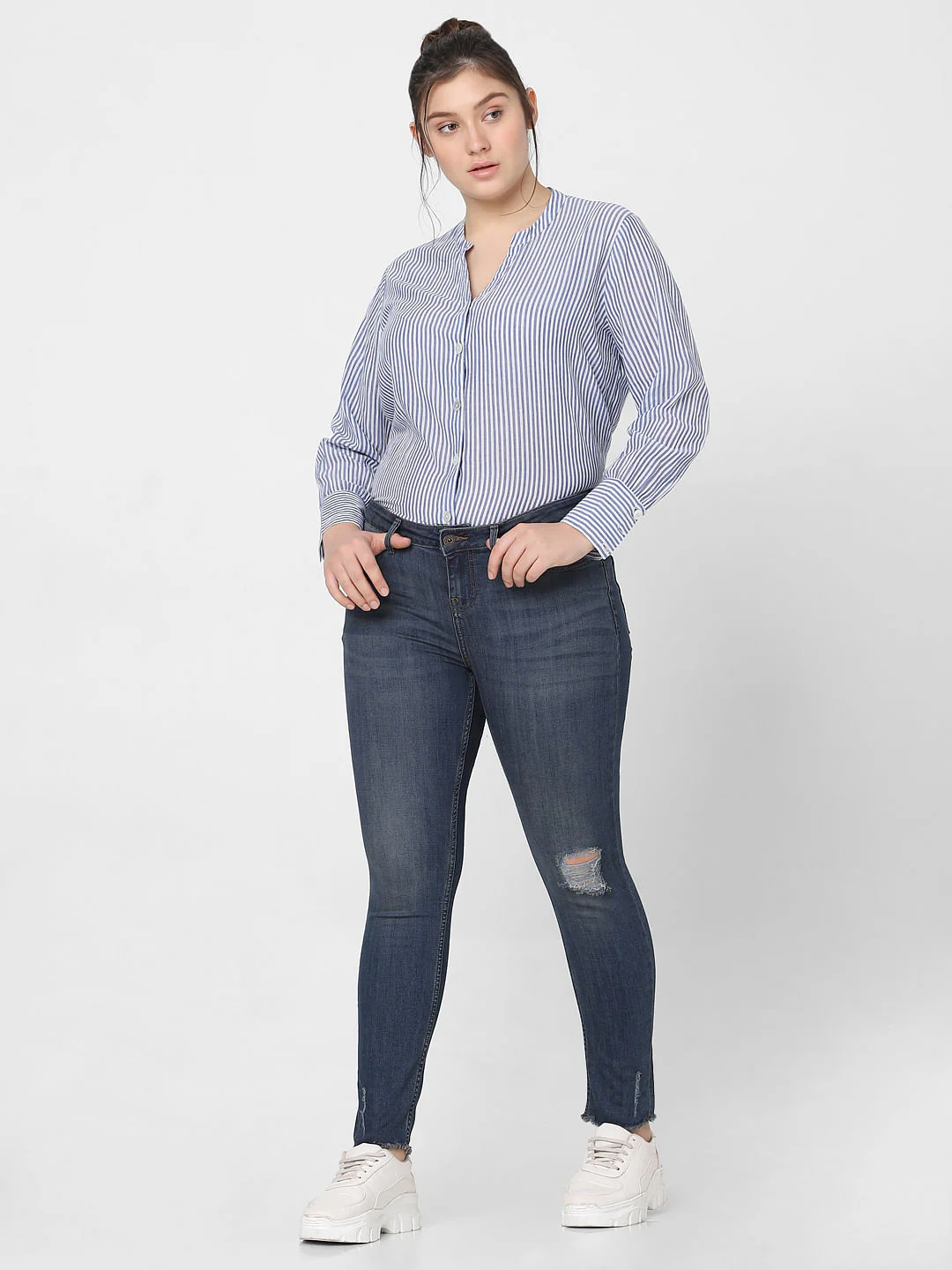 Curve Dark Blue Mid Rise Distressed Skinny Jeans - Image 5
