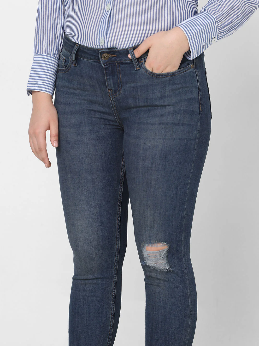 Curve Dark Blue Mid Rise Distressed Skinny Jeans - Image 6