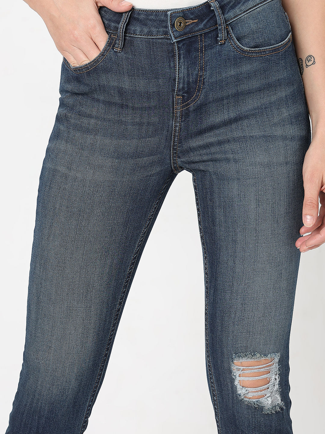 Blue Mid Rise Distressed Wendy Skinny Jeans - Image 6