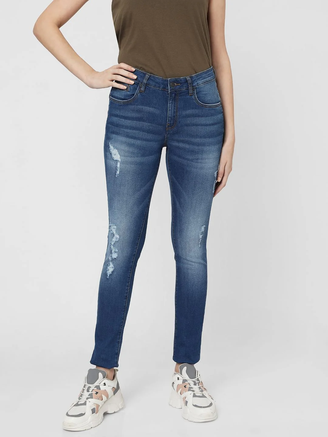 Blue Mid Rise Ripped Pushup Jeans